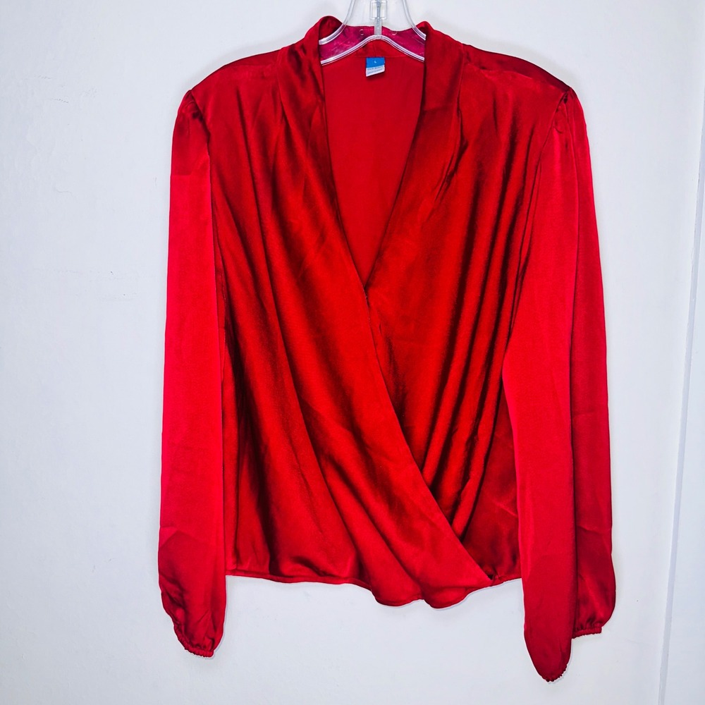 Satin Wrap Front Blouse Long Sleeve V Neck